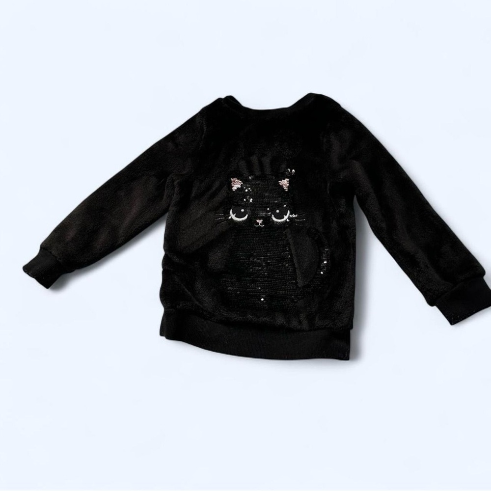 H&M Girls Fleece Sweatshirt with Reversible Sequin Cat in Black Size 3-4Y, Cozy